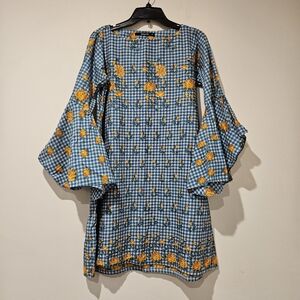 Khaadi Floral Checkered Dress with Bell Sleeves, Size 10